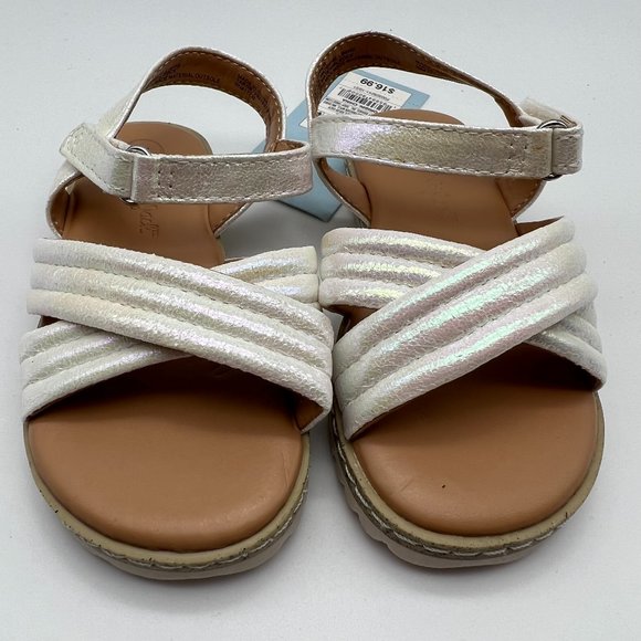 Toddler Girl's White Iridescent Sandals Sz 7 Velcro Closure Padded Straps - Picture 3 of 4